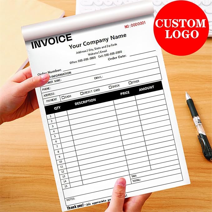 Custom Invoice Book in 3-Part /2-Part Receipt Book with Carbon Copies Personalized Carbonless Service Invoice Form Books Sales Order Book with Company Name Logo Address,E-Invoice Book with Logo