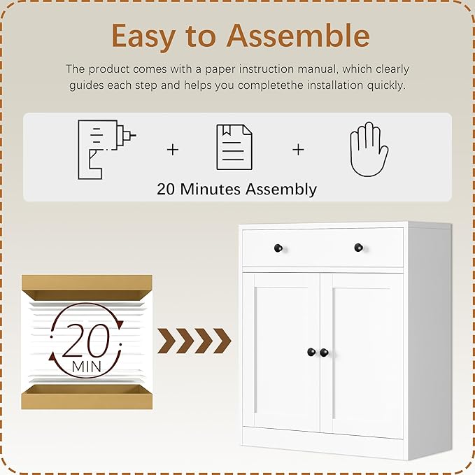 TaskStorz Metal Storage Cabinet with 2 Doors and 1 Drawer，Farmhouse Buffet Cabinet with Storage，32.3" H Coffee Bar Cabinet with Storage for Kitchen, Dining Room, Hallway, White
