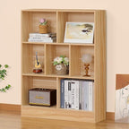 LEYAOYAO 7 Cube Bookshelf with Wood Base,Natural 3 Tier Mid-Century Modern Bookcase,Standing Wide Bookshelves Storage Organizer Shelf,Rustic Display Cabinet Book Shelves for Bedroom,Living Room