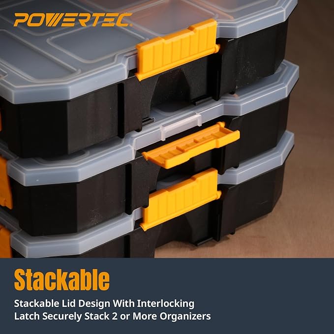 POWERTEC Stackable Tool Box Organizer with Removable Dividers - 17 Compartments, Interlocking, Portable Design (72118)