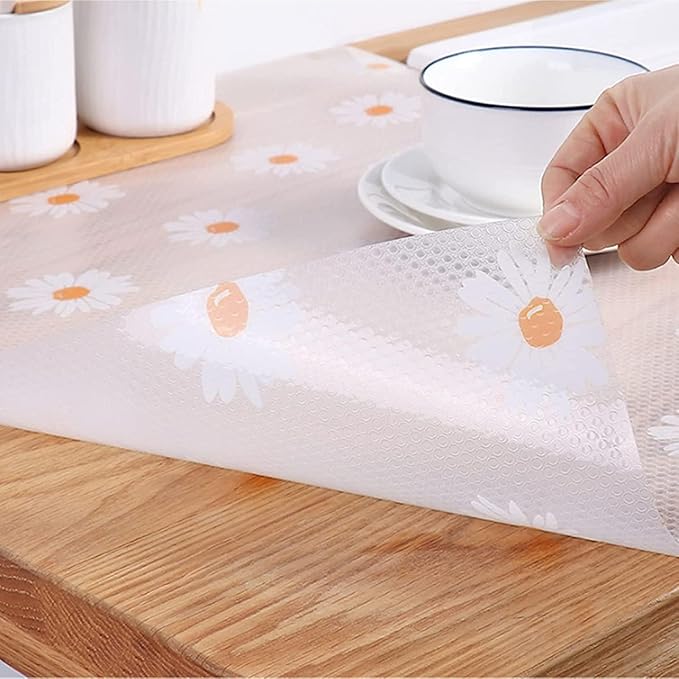 Daisy Shelf Liner for Kitchen Cabinets – Non-Adhesive, Non-Slip Drawer & Refrigerator Liner – Waterproof, Washable Cabinet Mat Floral Pattern, Easy to Cut & Install – Fits Pantry, Bathroom, Office