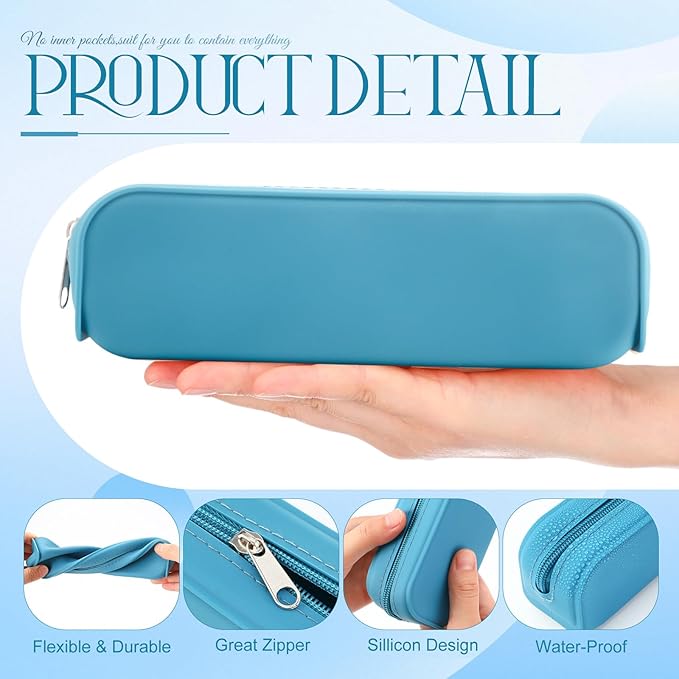 Feifeiya 8 Pcs Silicone Pencil Case Pen Zipper Pouch Bags Aesthetic Back to School Gifts Stationery Travel Toiletry Makeup Coin Organizer Waterproof Valentines Galentines Party Favors (Blue)