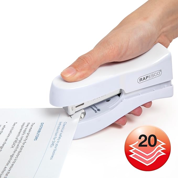 Rapesco 1319 Stand Up Stapler, Space-Saving Desktop Stapler, 20 Sheet Capacity, Ergonomic Grip, Uses Type 26 Standard 1/4" and Type 24 High-Capacity 1/4" Staples, White
