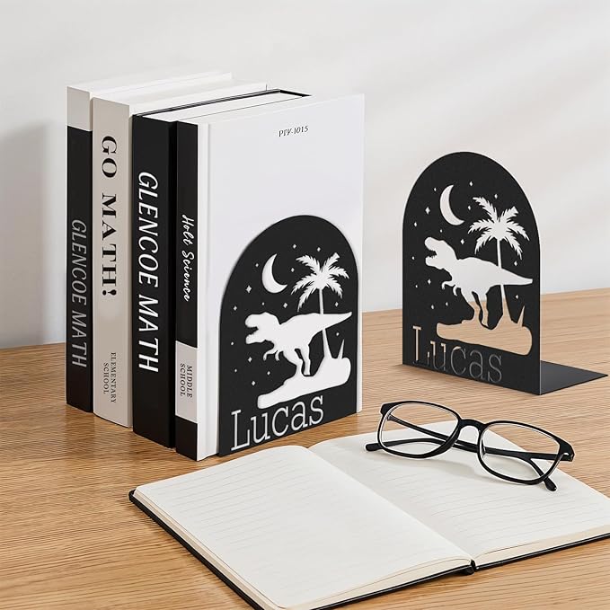 Personalized Name Book Ends Metal, Heavy Duty Bookends for Shelves Decorative, Dinosaur Non-Slip Book Stopper, Home Office Desk Modern Bookshelf Decor, Customized Gifts Color07