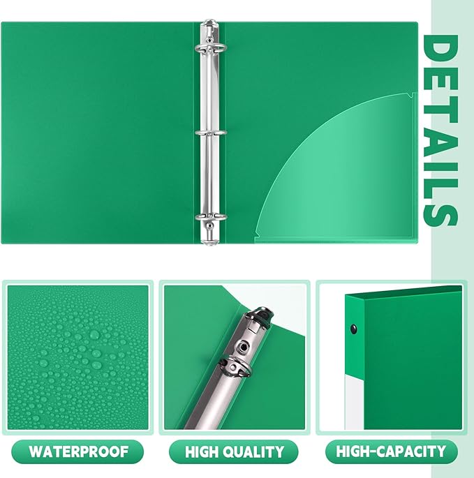 Henoyso 16 Pcs 3 Ring Binder 0.5 Inch Round Fits Letter Size 8.5'' x 11'' Paper Plastic Flexible Binder Bulk Holds 140 Sheets with 1 Pockets Versatile Organizer for Home Office School (Green)