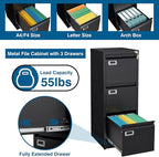 PEUKC 3-Drawer File Cabinet, 16.3" Deep Vertical Filing Cabinet with Lock, Metal File Cabinet for Home Office, Anti-Tip 3 Storage Drawers for Letter/Legal/A4/F4 Size, Assembly Required, Black