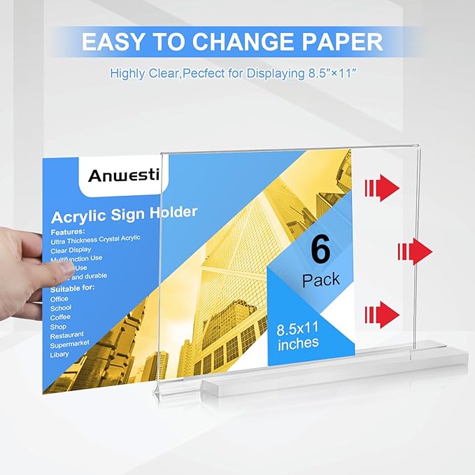 Anwesti Acrylic Sign Holder 11x8.5 Horizontal Double-Sided Plastic Display Sign Holder for Table Menu, Flyer, Office Acrylic Sign Holer 6 Pack