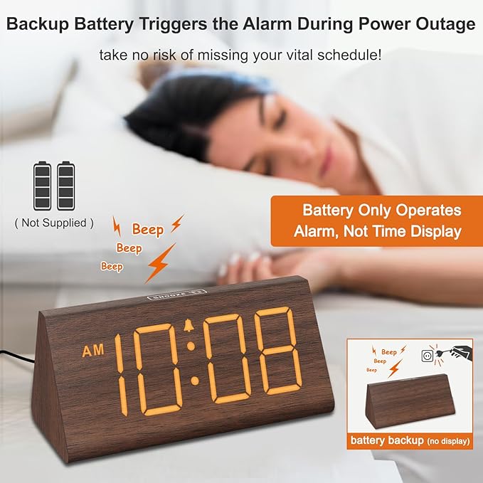 DreamSky Wooden Digital Alarm Clocks for Bedrooms - Electric Desk Clock with Large Numbers, USB Port, Loud Alarm for Heavy Sleepers, Adjustable Volume, Dimmer, Snooze, DST, Wood Décor, Adapter Powered