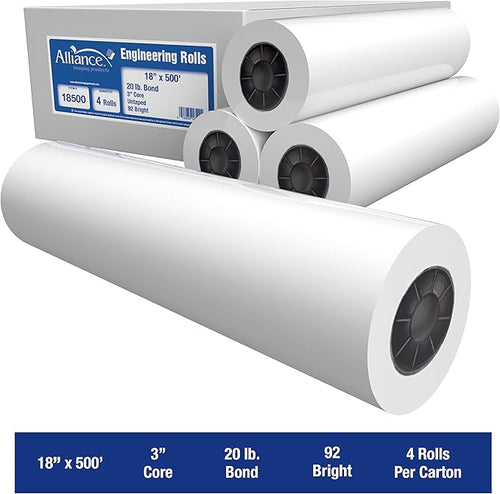 Alliance Wide Format Paper Rolls, 20lb with 3" Core (18 In x 500 Ft | 3" Core, 20lb | 4 Rolls)