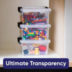 Superio Mini Storage Container Plastic Crayon Box Art Supplies and Sewing Case Stackable Clear Small Organizer for Beads, Stationery, Chalk, and Food, 1.4 Quart, 4 Pack