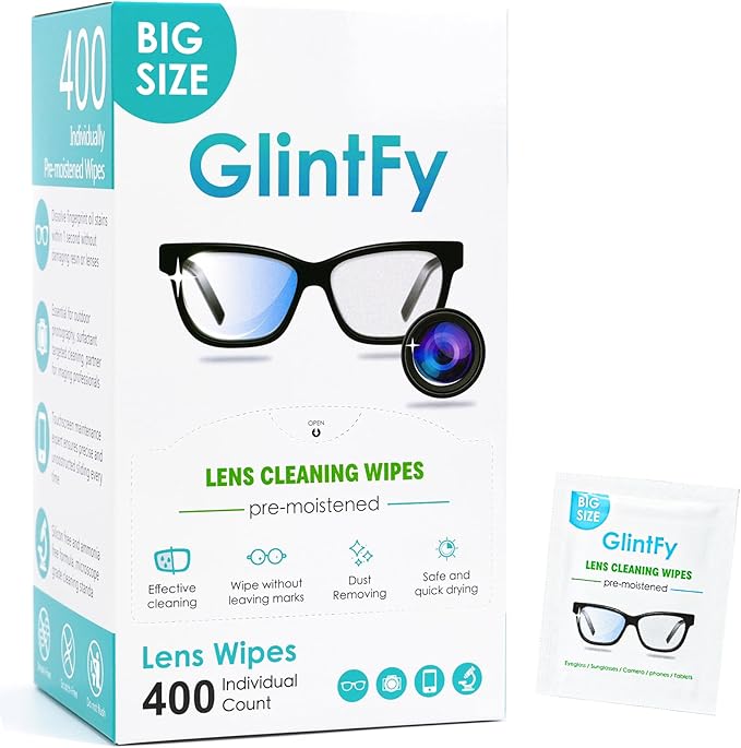 GlintFy Lens Wipes for Eyeglasses, Lens Wipes 5.1″×5.9″ – 400 Count (Pre-moistened Indepently Packaged,Safe,Scratch Free, Suitable for Eyeglass,Sunglasses,Camera,Goggle,Phone,Tablet)