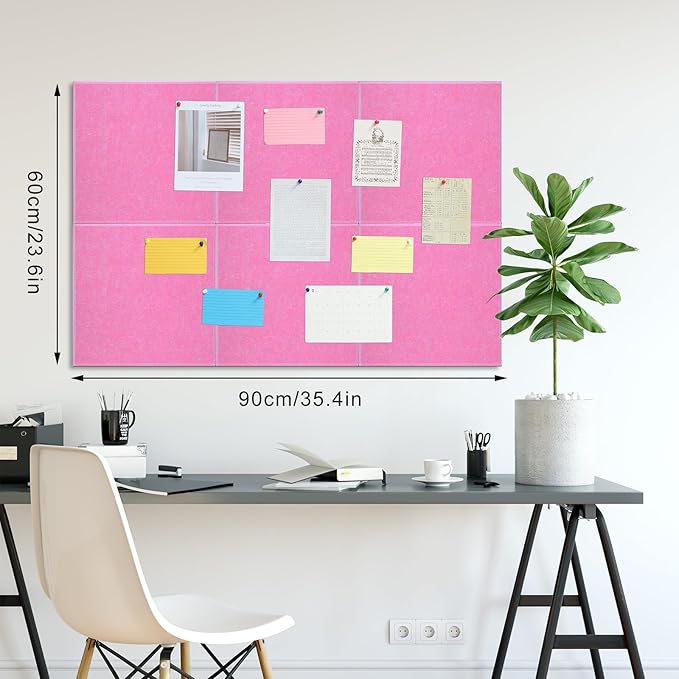 Large Cork Board 36" x 24", 6 Pack Felt Wall Tiles with Colored Pushpins, Bulletin Board with Removable Self-Adhesive Strips, Pin Board Cork Boards for Walls Office Home-Hot Pink