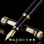 Scriveiner Personalized Black Fountain Pen - Stunning Luxury Pen, Jet Black Lacquer, Real Gold Plating, German Schmidt Nib (Medium), Best Engraved Gift Set for Men & Women, Name Engraving