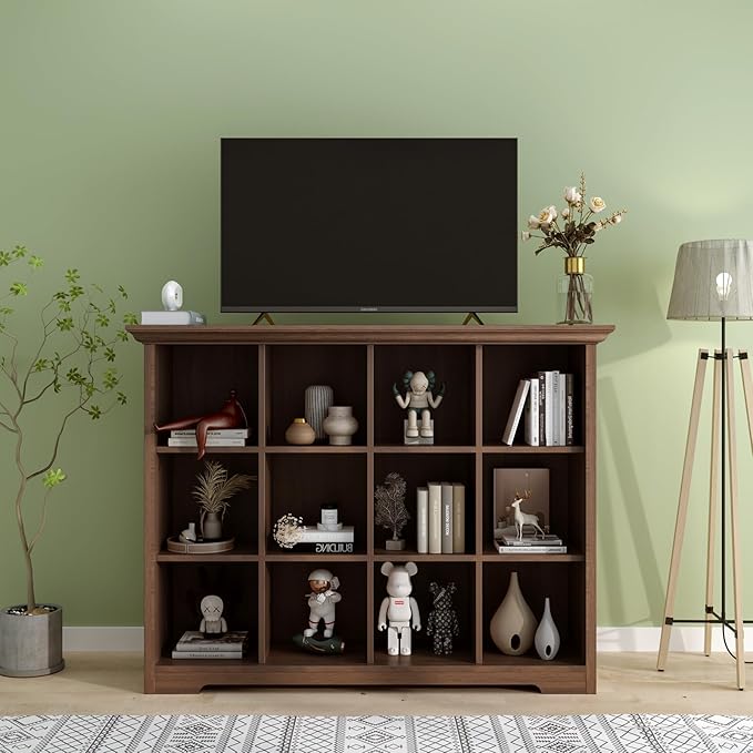 OSCHF Cube Shelf Bookcase with Base - Wooden 3 Tiers Floor Standing Low Storage Cabinet for Home and Office, 12-Cube Lattice Bookshelf, Walnut