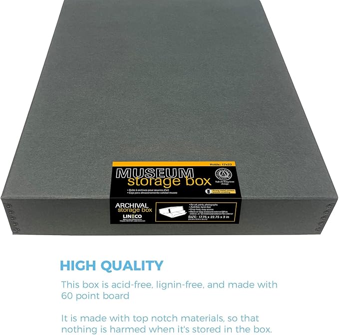Lineco Museum Archival Storage Box, 17.75x22.75x3 in. Drop Front Design. Acid-Free with Metal Edge. Organize Photos, Pictures, Prints, Documents, Crafts, DIY. Gray, 2 Pack