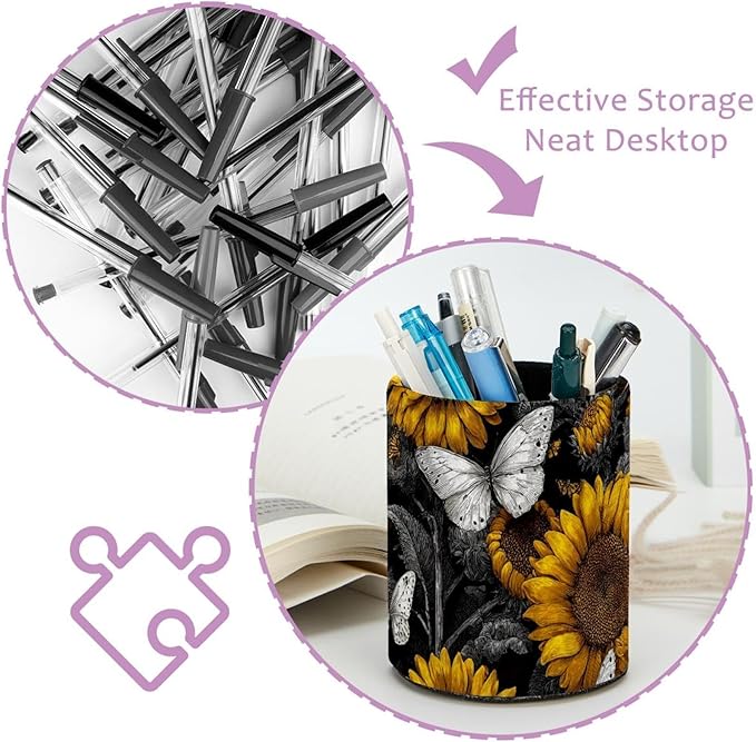 Leather Pen Holder for Desk Sunflower Butterfly Pencil Cup Desktop Organizer Makeup Brush Holders Office Supplies for Home, Kids & School