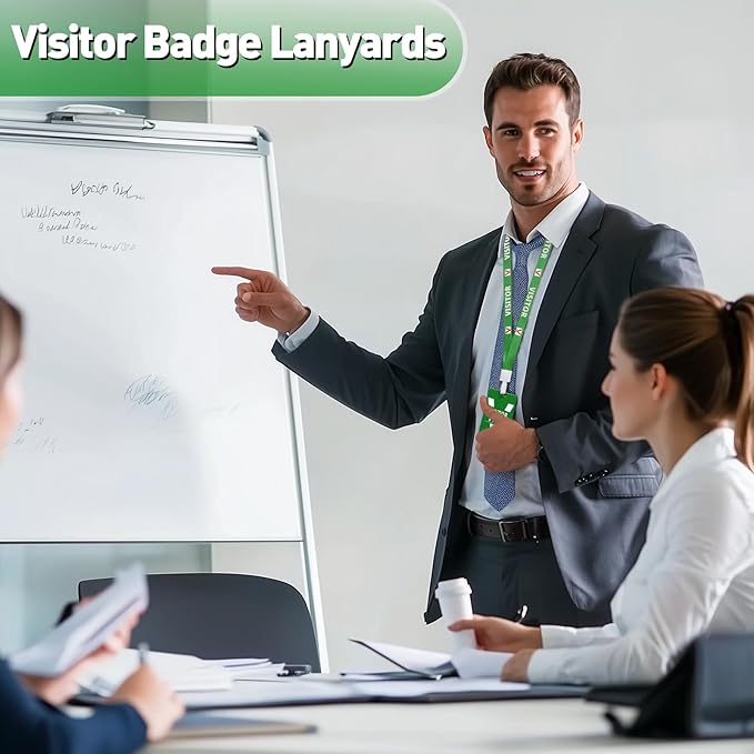 Visitor Badge Lanyards Volunteer Badge Holder with Clips (25 pcs) - Reusable Temporary ID Pass for Office, School, Events PVC Plastic Security Cards for Exhibition Guest by OSTENBIG (Green)