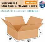 Medium Moving & Shipping Boxes 12 x 12 x 4 inches (5-Pack) - Extra Strength 200 lb vs Regular - Corrugated Durable Packaging Boxes - Medium Moving Box - Cardboard Packing Box by IDL Packaging