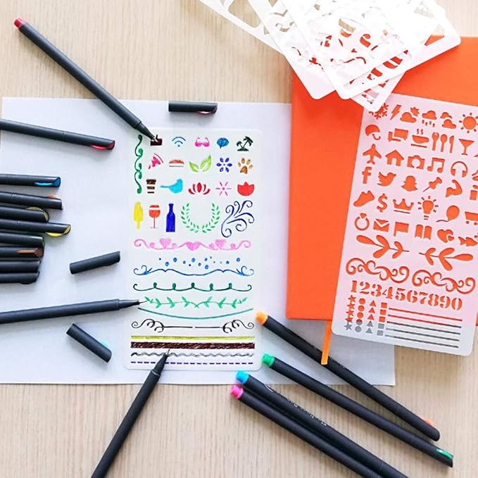 Tebik 65 Pack Planner Colored Pens, 60 Assorted Colors Drawing Pens with 5 Different Stencils, Perfect for Dotted Journal Planner Writing Note Calendar Coloring Office School Supplies