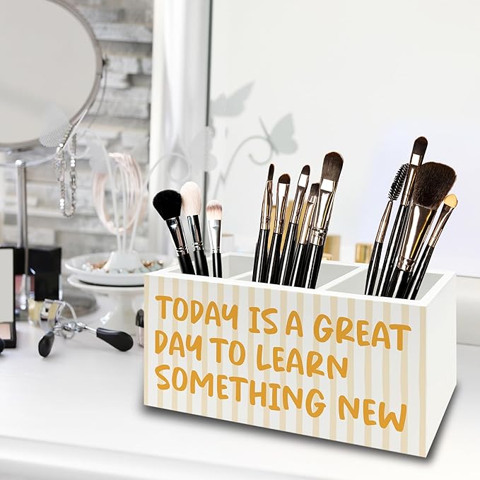 XPH Inspirational Pen Pencil Holder Organizer for Desk, Motivational Gifts for Women, Today Is a Great Day to Learn Something New Wooden Box Sign for Home Office Desk Tabletop Decorations