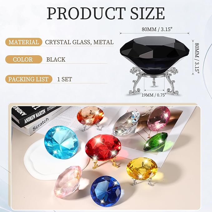 PATIKIL Diamond Crystal Paperweight, 80mm / 3.15" Crystal Paperweight Paper Weight with Silver 19 Metal Base for Home Office Desktop Table Decor Wedding Party Ornaments, Black
