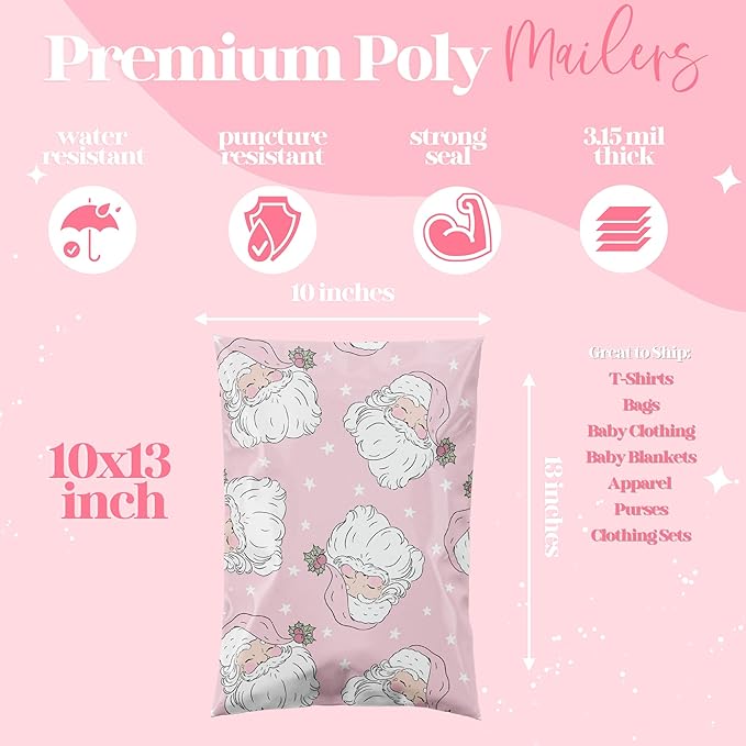 Pretty Package Store 14.5x19 Designer Christmas Holiday Poly Mailers 100 Pack Heavy Duty Waterproof Self Seal Shipping Bags Large Mailing Envelopes Bulk Tear Resistant Cute Packaging Pink Santa