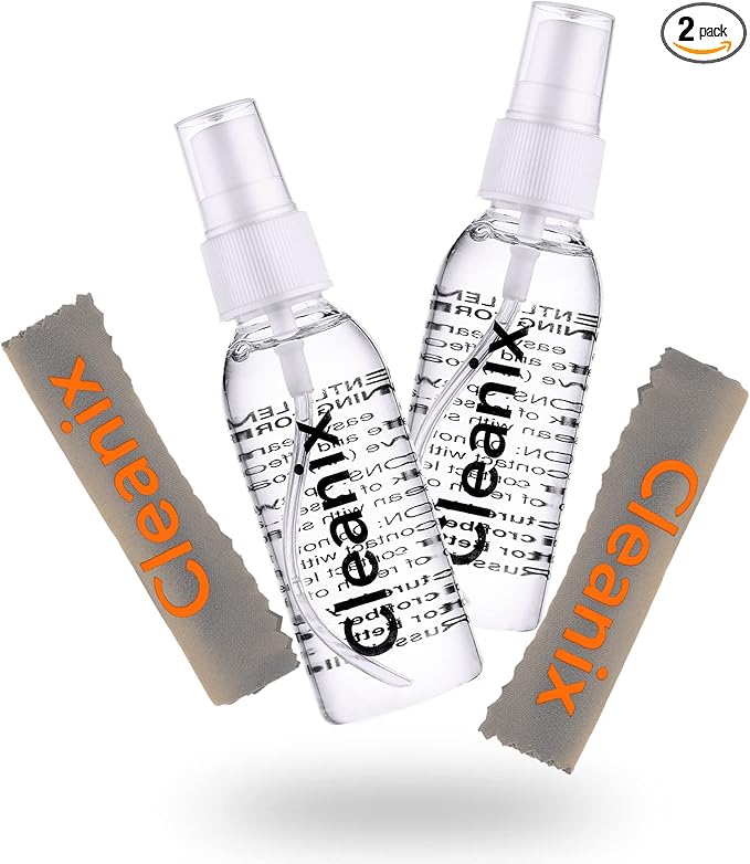Cleanix Glass Cleaner Set of 2, Alcohol-Free, 2x 2-Oz Spray Bottles with 2 Microfiber Cloths, Travel-Sized, Safe for Glasses & Devices