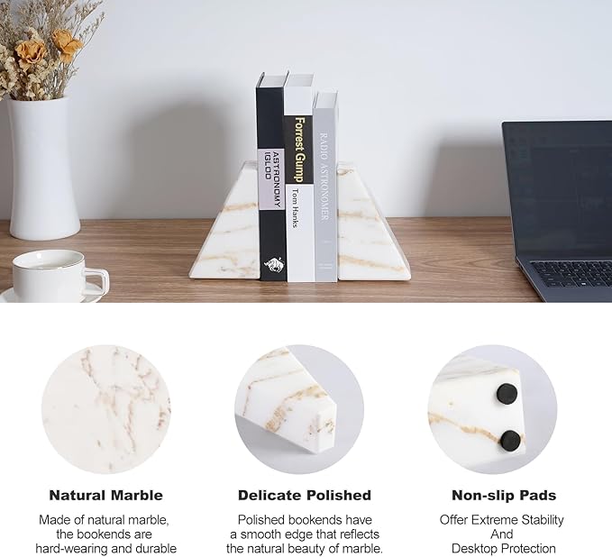 Karibiber Marble Bookends for Heavy Books, Calacatta Decorative Book Ends for Shelves, Unique and Heavy Bookends for Hardback Book & Cookbooks, Stone Book Stopper, Modern Book Holder,Set of 2