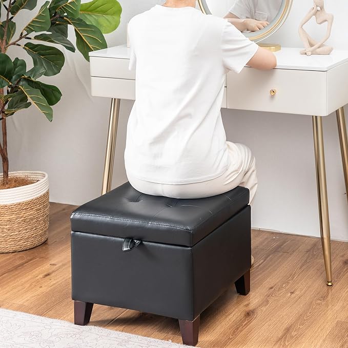 Asense 17 Inch Storage Ottoman Foot Rest,Square Faux Leather Foot Stool,Small Ottoman with Storage,Padded Seat for Entryway,Living Room,Bedroom,Couch,Under Desk,Black