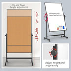 Double-Sided Corkboard Whiteboard, 32 x 48 Inches Dry Erase Board on Wheels, Height Adjustable, Portable Freestanding Board for Office, Planning, and Presentations (Cork & Black)