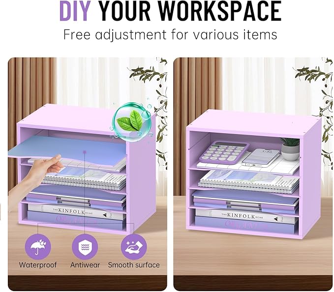 SHARKWOODS 5-Tier Wood Desk Organizer, Paper Tray Organizer for Desk with Adjustable Storage Shelves, Desktop File Organization Paper Sorter Mail Holder for Office Home Classroom, Purple