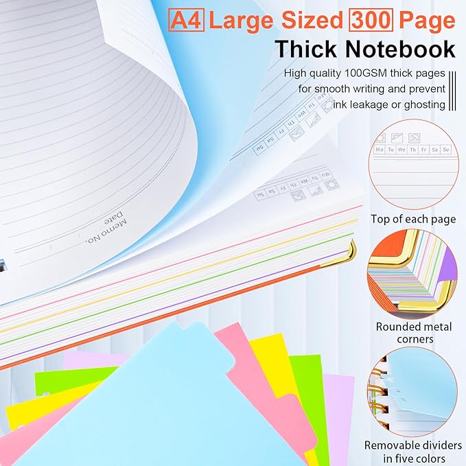 Hardcover Spiral Notebook 8.5"x11" Journal Notebook with Tabs and Removable Dividers 300 Pages 5 Subject Notebook College Ruled, Faux Leather Spiral Bound Notebook for Women School Work (Orange)