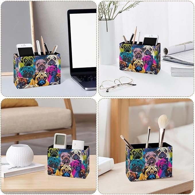 Famame Colorful Pug Dogs Funny Puppy Pencil Holder for Desk, Leather Desktop Container Pen Cup Storage Study Table Pen Organizer Makeup Brushes Holder for Office Home