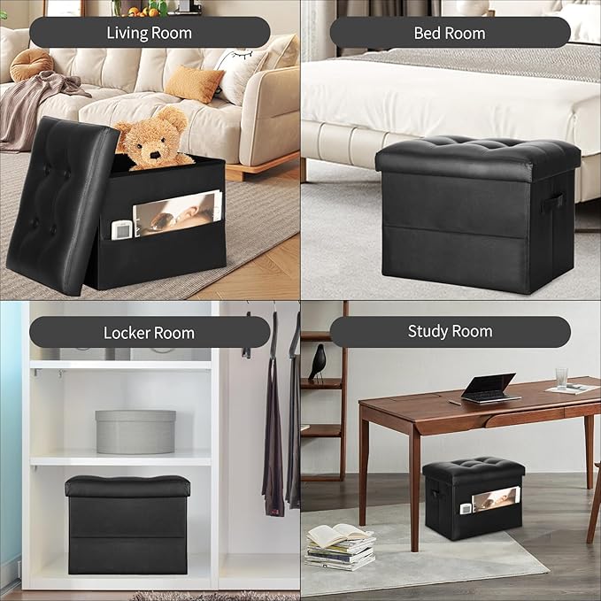 Storage Ottoman Foot Rest Stool with Thicker Foam Padded Seat. Foldable Leather Footstool Bench. Small Ottoman with Storage for Living Room Bedroom Coffee Table 350 lbs, 17x13x13in, Black.