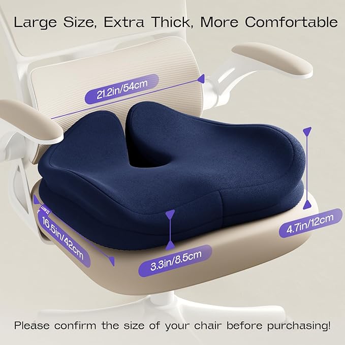 ZZ-WELL Seat Cushions for Office Chairs - Ergonomic Tailbone Pain Pressure Relief Seat Cushion - Extra Large & Thick Design Memory Foam Office Chair Cushion, 21.2" W X 16.5" L (Blue)