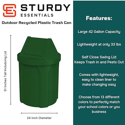 Sturdy Essentials 42 Gallon Round 100% Recycled Plastic Indoor or Outdoor Commercial Trash Can with Easy Access Swing Top Lid | Great for Schools and Businesses - Green Granite