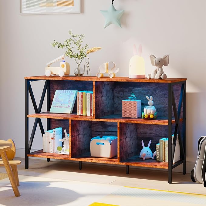 Horizontal Bookshelf,Industrial Modern 5 Cube Low Wide Cubby Bookcase with led Light,Long Wood and Metal Storage Organizer Open Shelf, Book Shelf Bedroom Storage for Home Office Living Room(Brown)