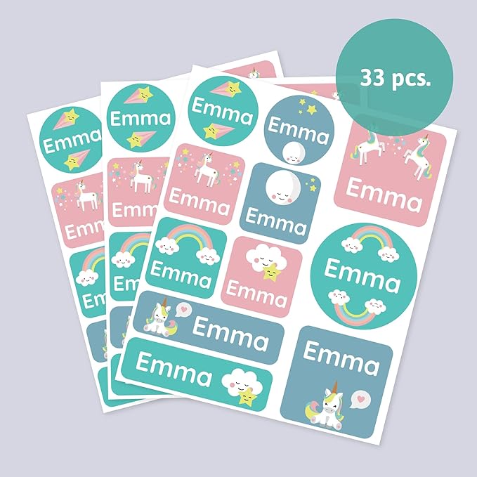 Large Name Labels for Kids (33) - Custom Stickers for Daycare and School Supplies - Durable, Waterproof Stickers for Water Bottles, Lunch Boxes, and More with Unique Designs - Unicorn