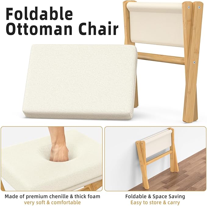 BAMBOOHOMIE Foldable Foot Stool Ottoman, Modern Foot Rest with Bamboo X Legs & Thick Foam Cushion, Folding Foot Stools Small Padded for Bedroom Living Room, Footstool for Chair Couch (Natural - Beige)