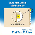 2024 Year Labels, Doctor Stuff 2024 Chart Stickers, Fluorescent Yellow Color Coded, USA Made Year Stickers for End Tab File Folders, 500 Labels per Roll, 1 Roll, 3/4" x 1-1/2"