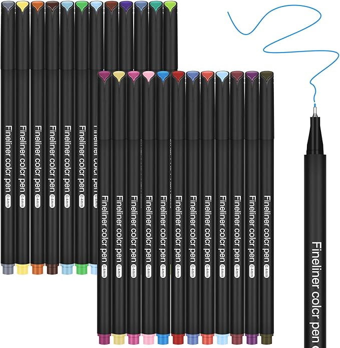 huesamhi 24 Fineliner Pens Set 0.4mm Ultra Fine Tip Drawing Markers for Adult Coloring Books, Bullet Journaling Art No Bleed Professional Color Pens with Vibrant Inks Artist