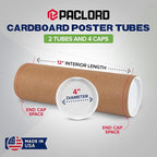 4" x 12" Reinforced Kraft Paper Mailing Tubes, Pack of 2 Tubes with 2 Caps Each – USPS Approved Poster Tube – Made in USA Cardboard Tube for Shipping and Storing Posters, Prints, Artwork, or Documents