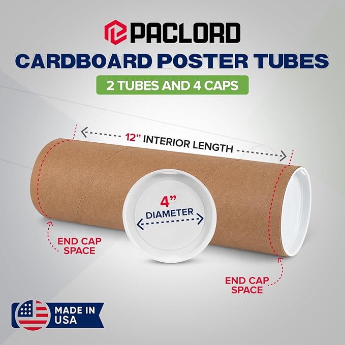 4" x 12" Reinforced Kraft Paper Mailing Tubes, Pack of 2 Tubes with 2 Caps Each – USPS Approved Poster Tube – Made in USA Cardboard Tube for Shipping and Storing Posters, Prints, Artwork, or Documents