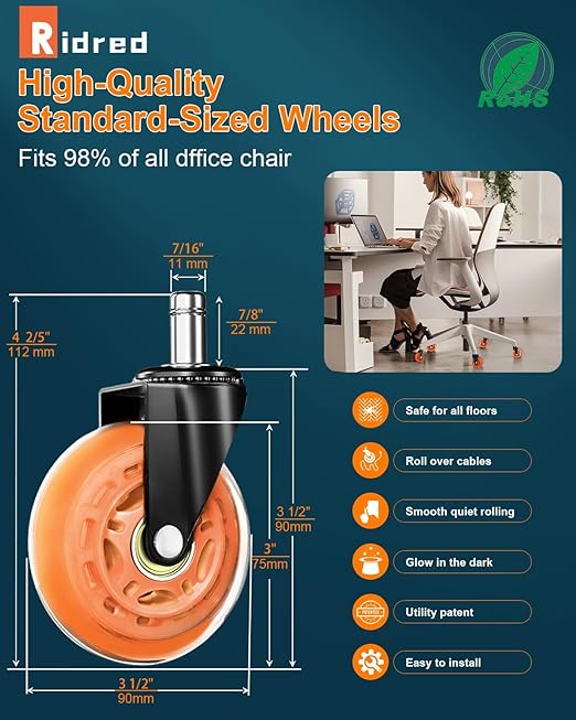 RidRed Gaming Chair Wheels - Heavy-Duty Office Chair Wheels - Replacement Rubber Casters- Universal Fit 3 Inch Chair Casters, Noise Free, Fits 98% Chair, for All Floor