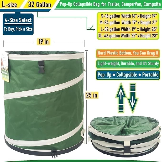32-Gallon Collapsible Trash Can (19x25 in) Hard-Shell Bottom Leaf Bag,Yard Waste Bag,Garden Debris Container,Pop-Up Recycling Bin,RV Camping Waste Bin,Laundry Hamper,Lawn Grass Clippings,Weeds Basket