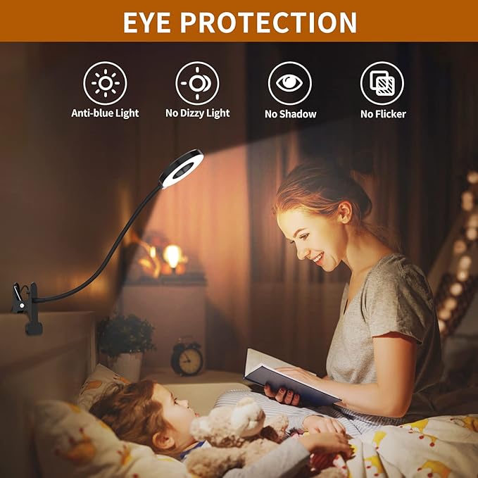 iZELL Desk Lamp, [3 Color Modes & 10 Brightness] LED Reading Light with Clamp, Silicone Flexible Arm Book Light for Kids Reading Book in Bed at Night Clip on Table, Headboard, Dorm - 15.8‘’ Black