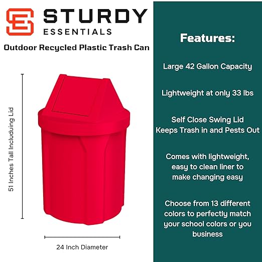 Sturdy Essentials 42 Gallon Round 100% Recycled Plastic Indoor or Outdoor Commercial Trash Can with Easy Access Swing Top Lid | Great for Schools and Businesses - Red