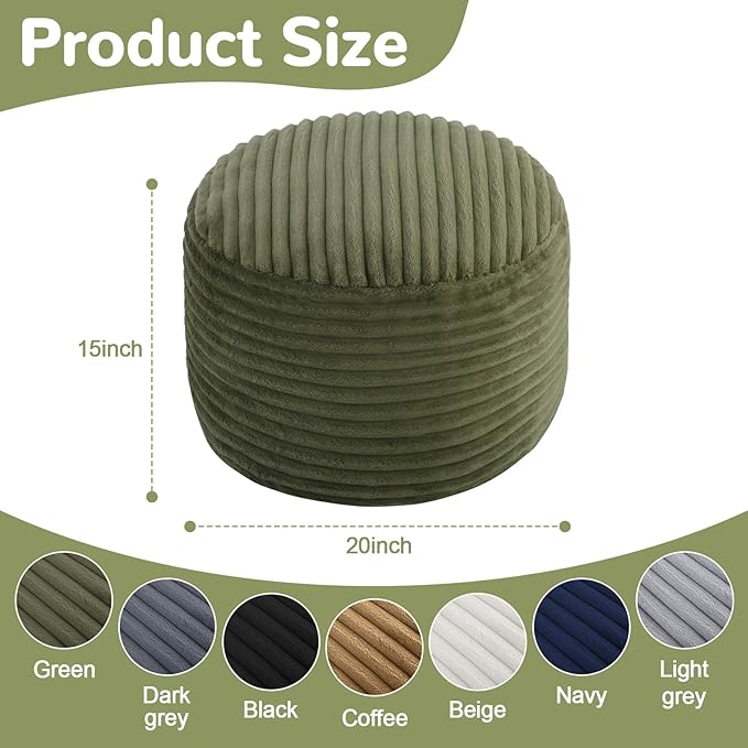 MeMoreCool Stuffed Round Pouf Ottoman Foot Rest, Soft Plush Floor Pouf Foot Stool, Corduray Footstool Footrest, Small Round Ottoman for Living Room Couch Sofa Chair, 20x15 Inch Green