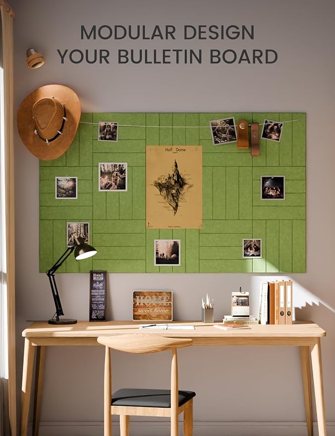 Fluxynara Felt Bulletin Board Tiles Large 48" x 36" Cork Board Alternative-6 Pack with 40 Adhesive Tabs, Thick Slat Wall Panels for Office Decor, Push Pin Board Wall Organizer Alternative-Kelly Green