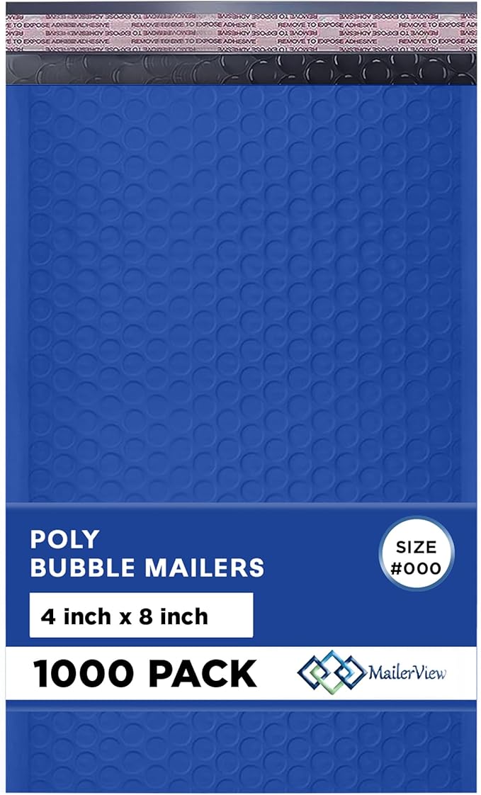 MAILERVIEW Royal Blue Small Bubble Mailers 4x8 Inch #000 | Thick Padded Poly Bubble Mailer Envelopes | 1000 Pack Bulk | Trading Card Sports Card Shipping